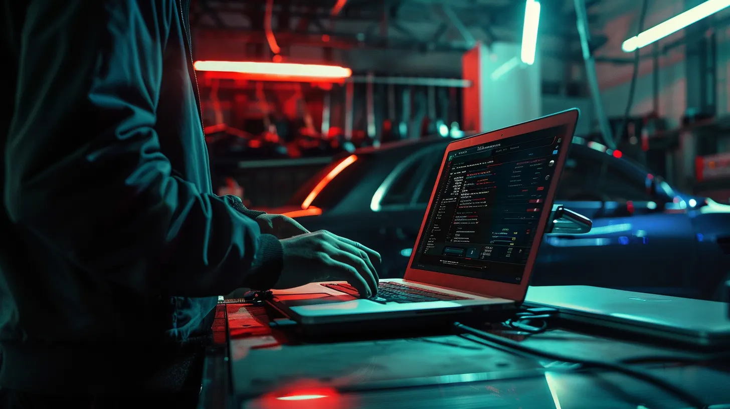 Advanced car diagnostics and immobilizer repair using laptop in auto shop for no-key-detected fix in Southlake TX