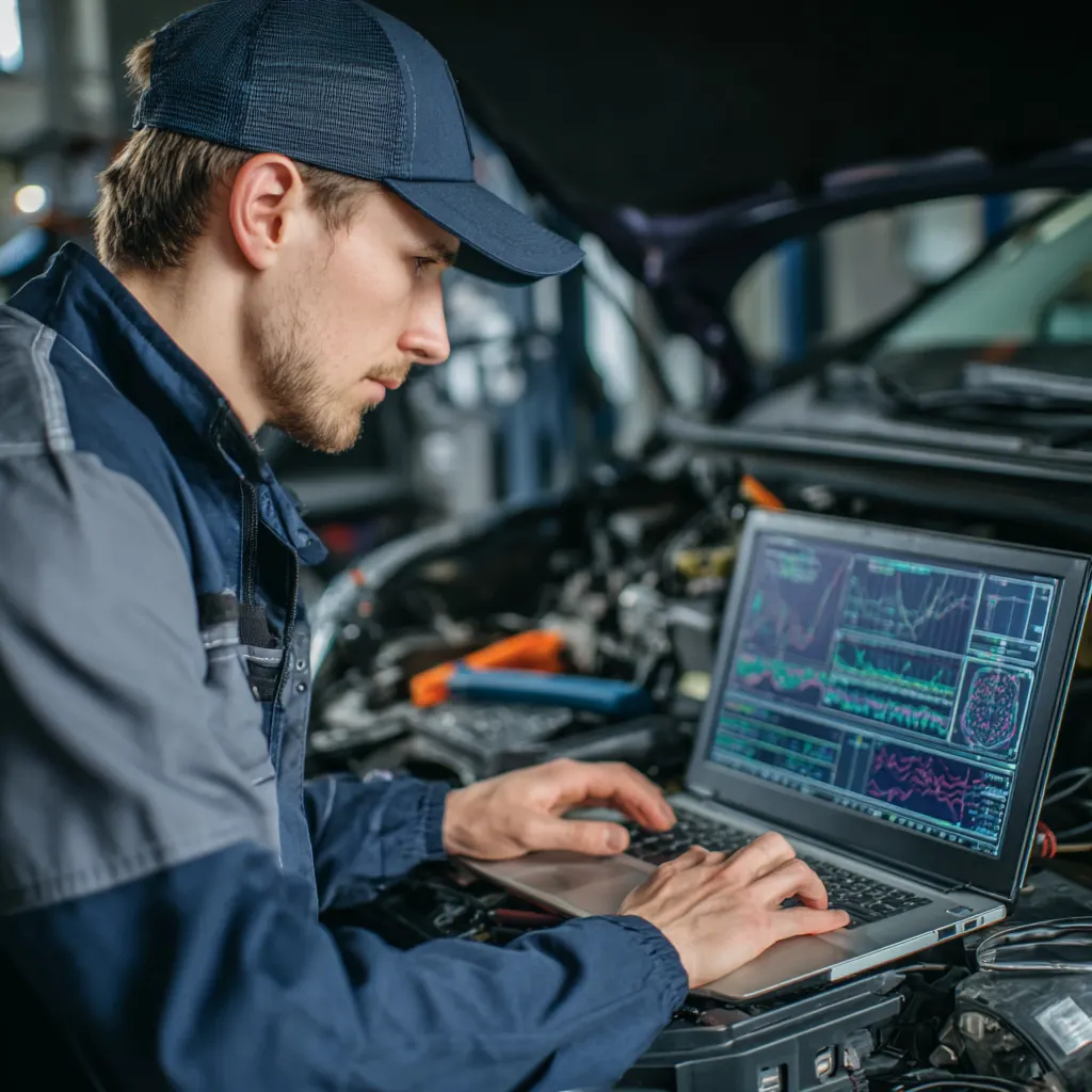 Automotive locksmith running advanced vehicle diagnostics with laptop on car engine in Southlake TX