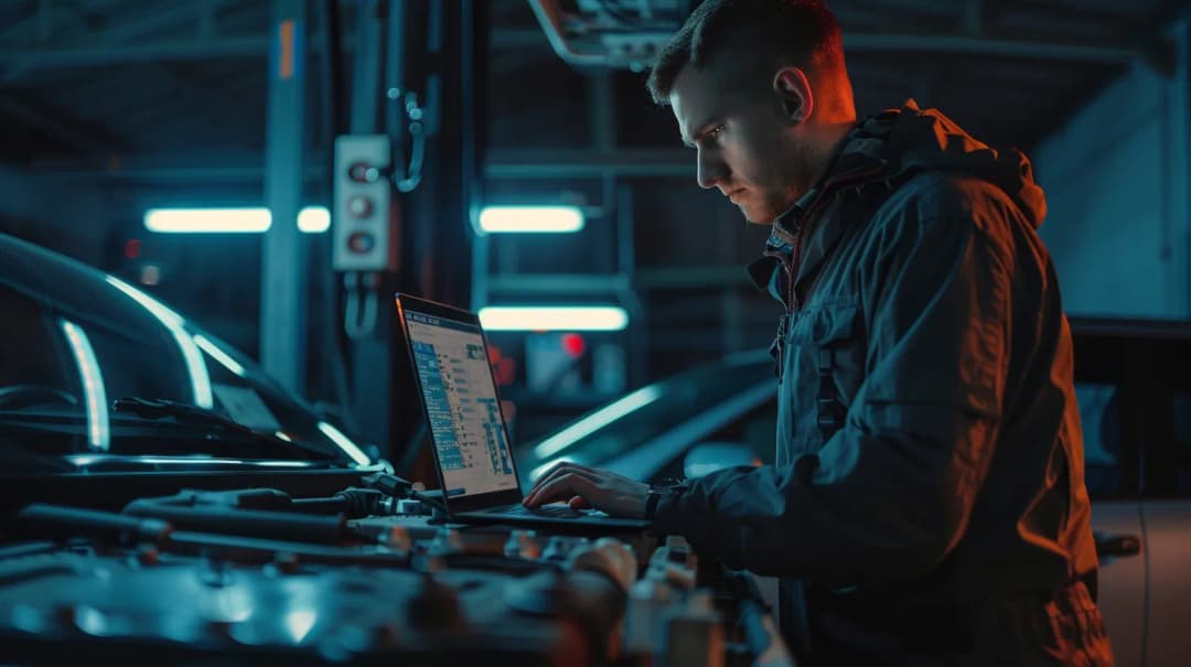 Technician running advanced automotive module programming diagnostics with laptop in Southlake TX shop
