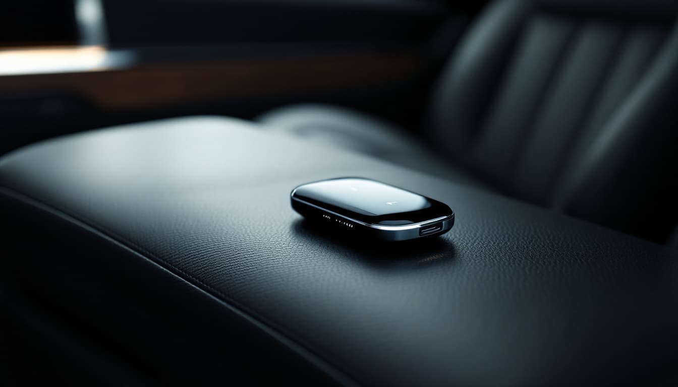 touchscreen display style BMW key resting on the leather armrest of an executive sedan interior in Southlake TX