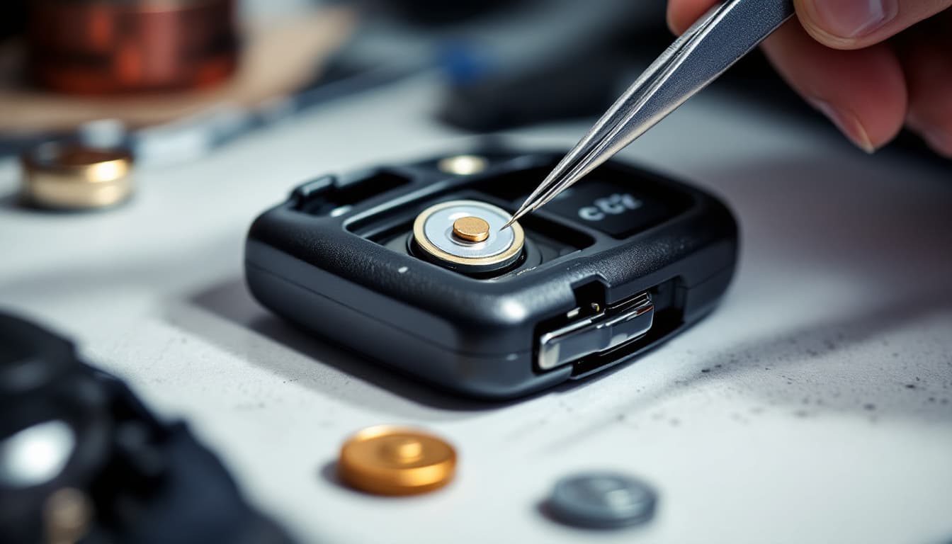 coin cell battery being replaced inside a car key fob in Southlake TX