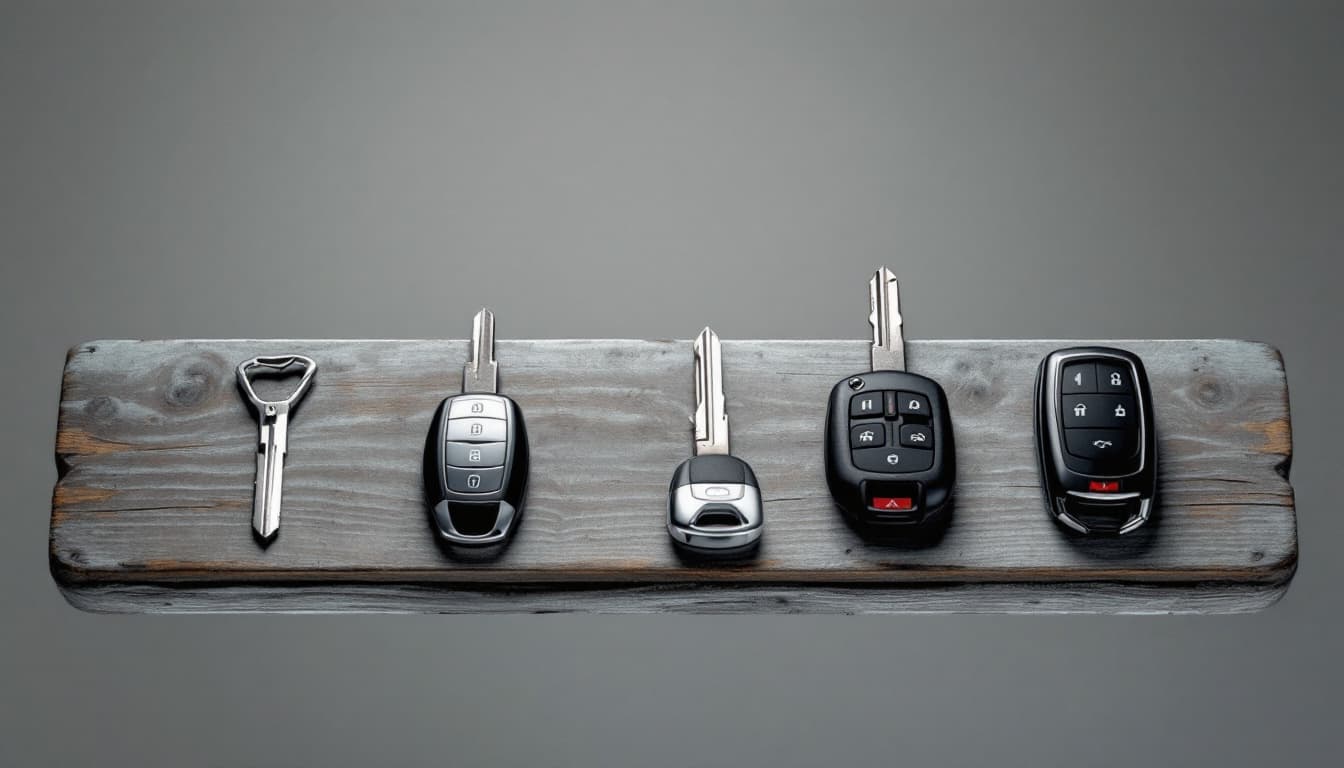 Five generations of car keys arranged in a row on a weathered wooden surface from plain metal blade to modern proximity fob