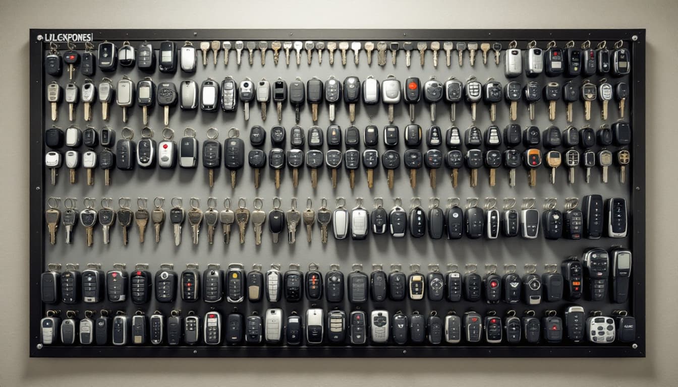 wall rack of automotive key blanks and transponder fobs in a professional locksmith workshop in Southlake TX
