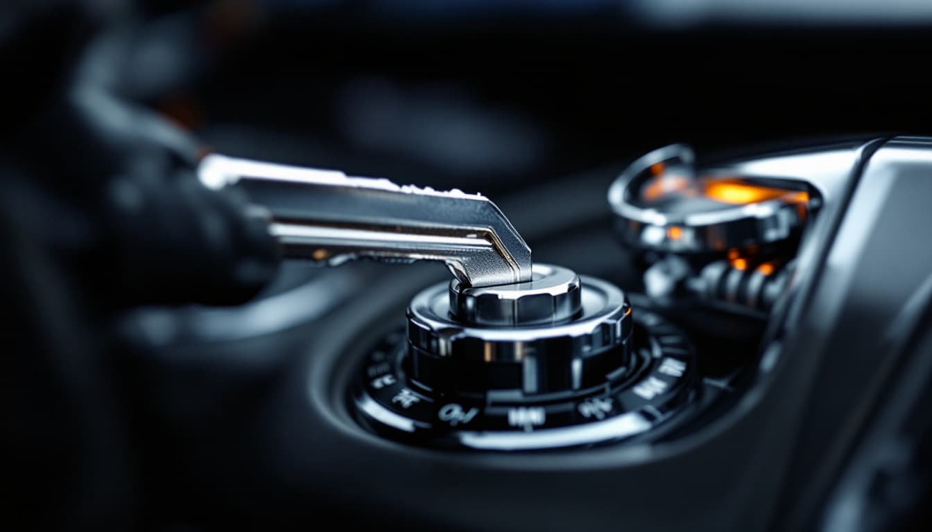 close view of a car ignition with a key inserted, interior of a vehicle in Southlake TX