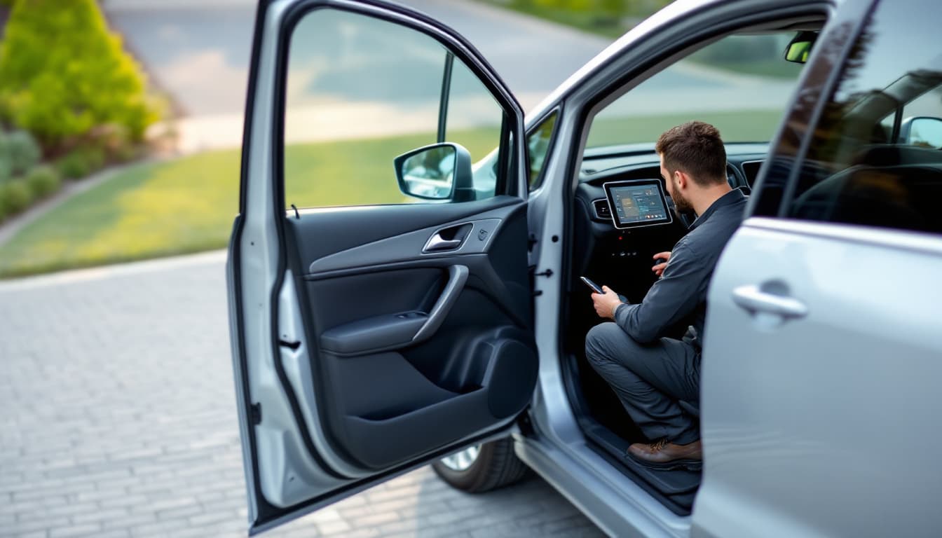technician connecting a diagnostic tablet under the dashboard of a modern minivan with the sliding door open in Southlake TX