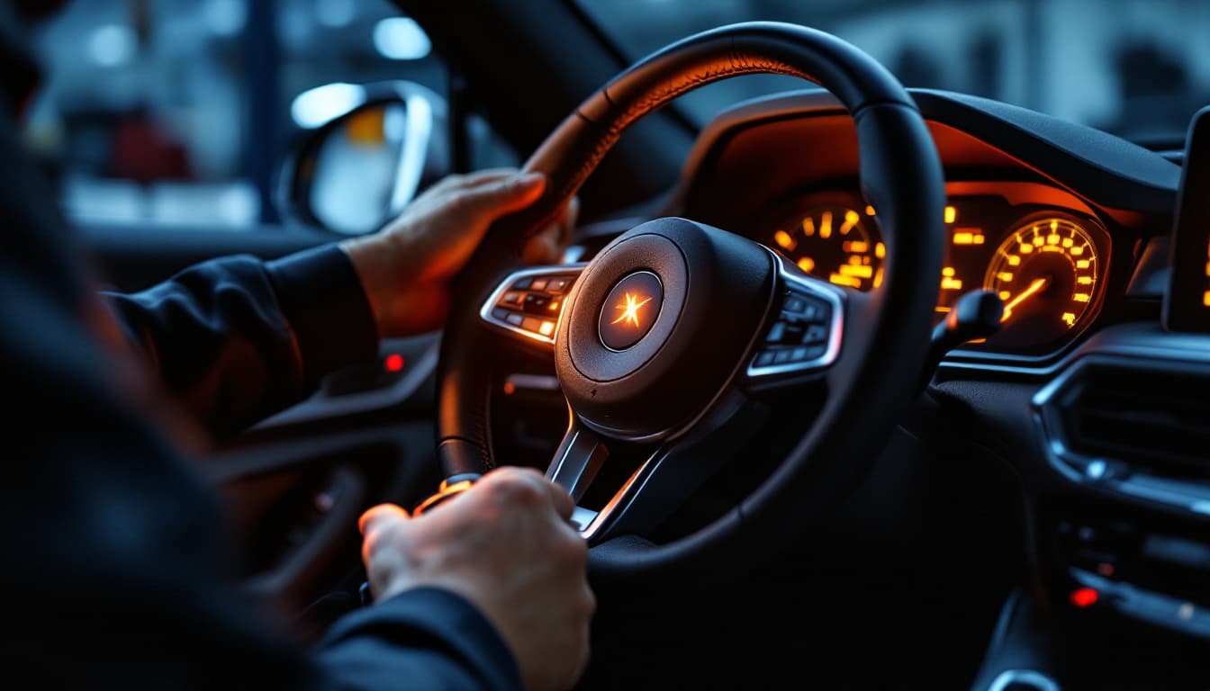 steering column of a luxury sedan with dashboard warning light, Southlake TX