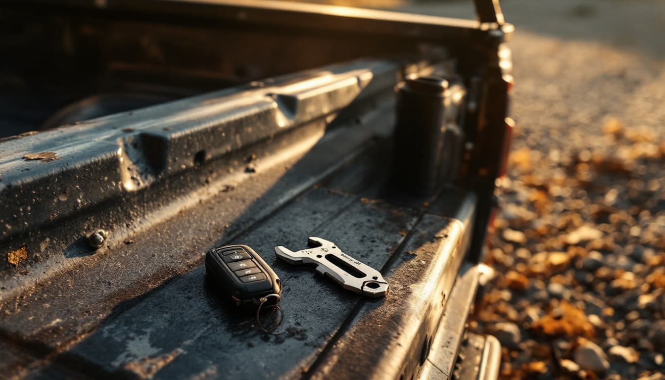 A pickup truck on a gravel driveway with a key fob and cut emergency blade key resting on the tailgate