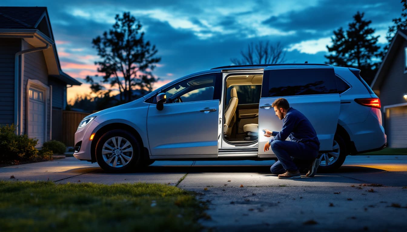 family minivan in a suburban driveway at twilight with a service technician working at the driver door in Southlake TX