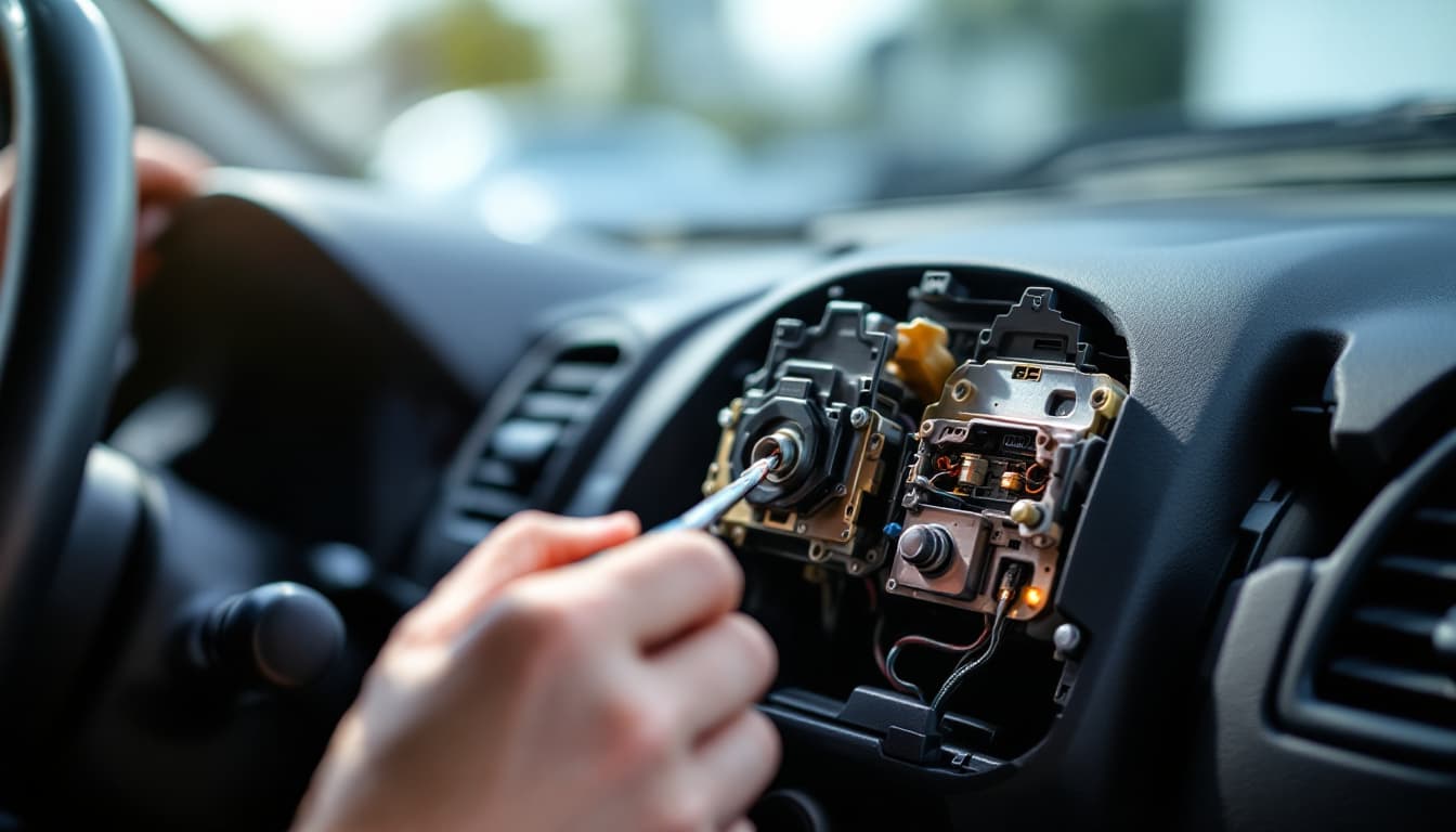 A close view of a car ignition with a key inserted, photographed inside a compact sedan parked in Southlake TX