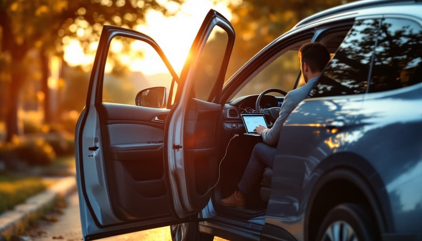 A three-row SUV parked in a Southlake TX driveway with a diagnostic tablet connected inside the cabin