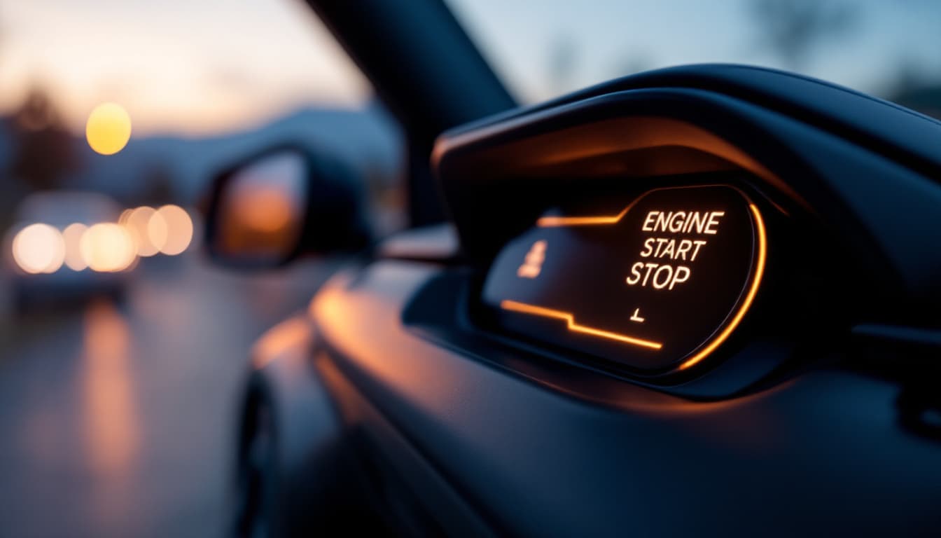 illuminated engine start stop button on the dashboard of a large luxury SUV at dusk in Southlake TX