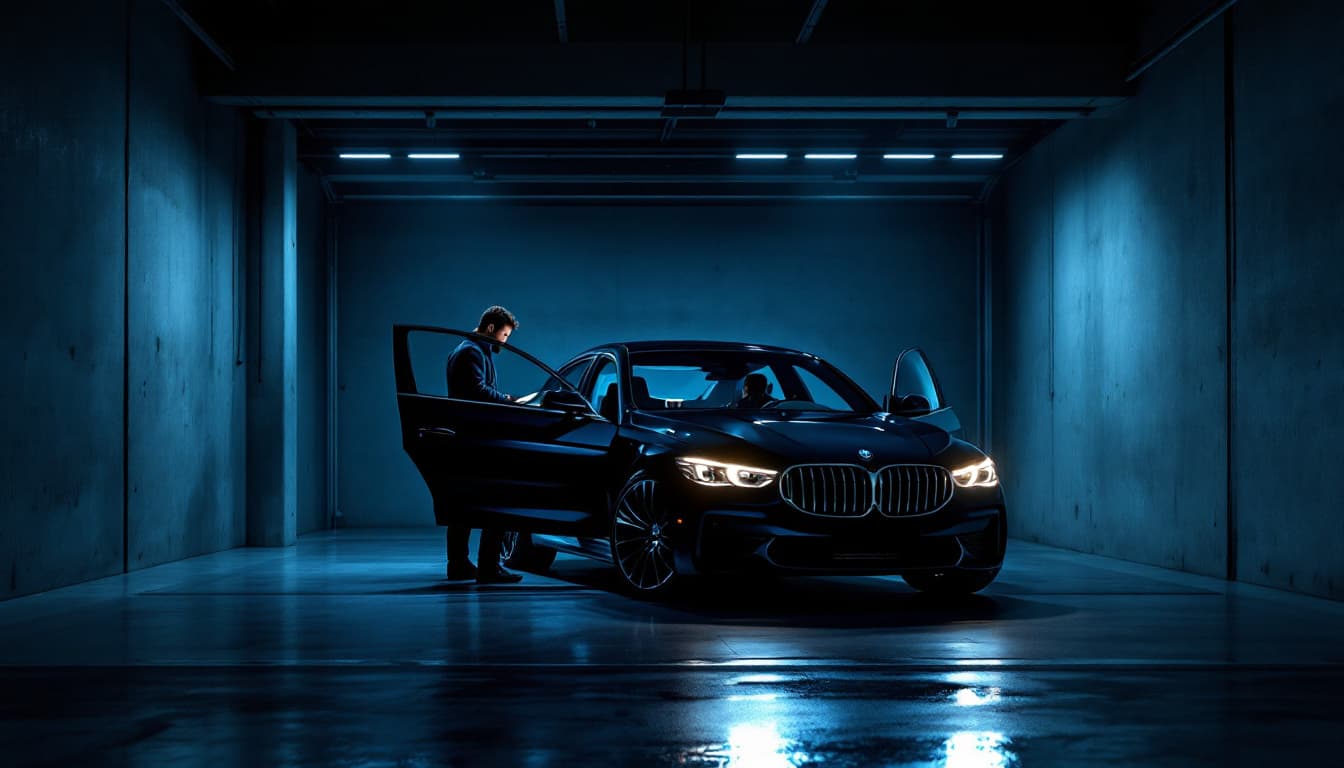 luxury sedan parked in a dim garage at night while a technician works at the open driver door in Southlake TX