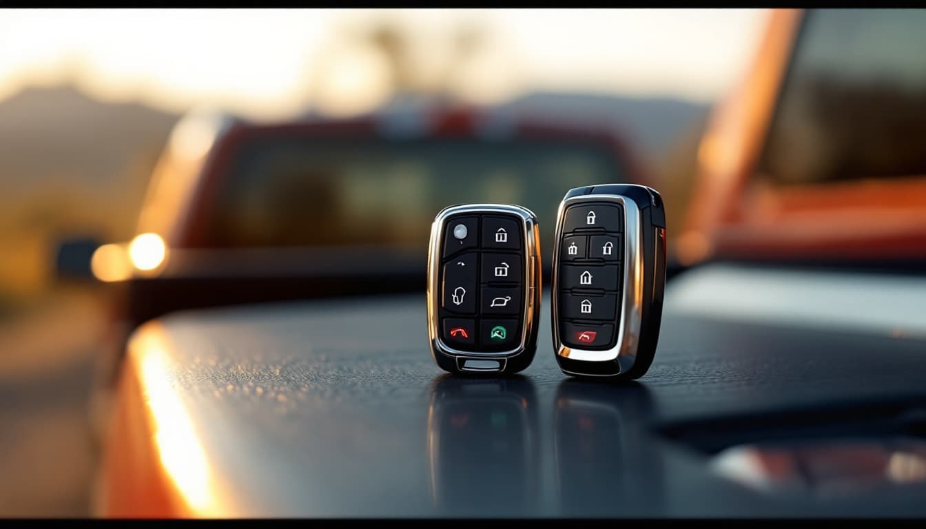 two identical pickup truck key fobs side by side on the tailgate of a midsize truck at golden hour in Southlake TX