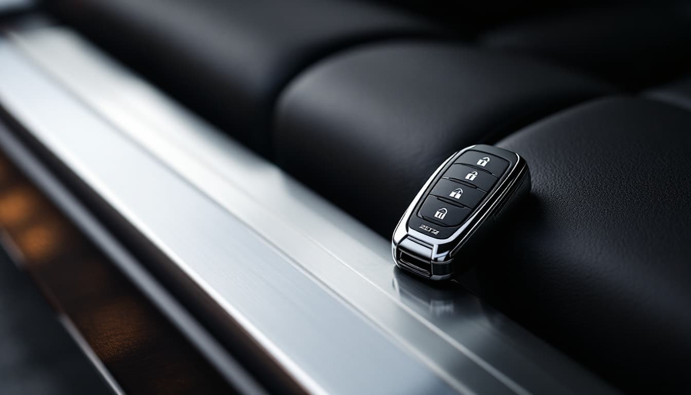 Porsche sports car key fob with body-coloured insert resting on a leather seat in Southlake TX