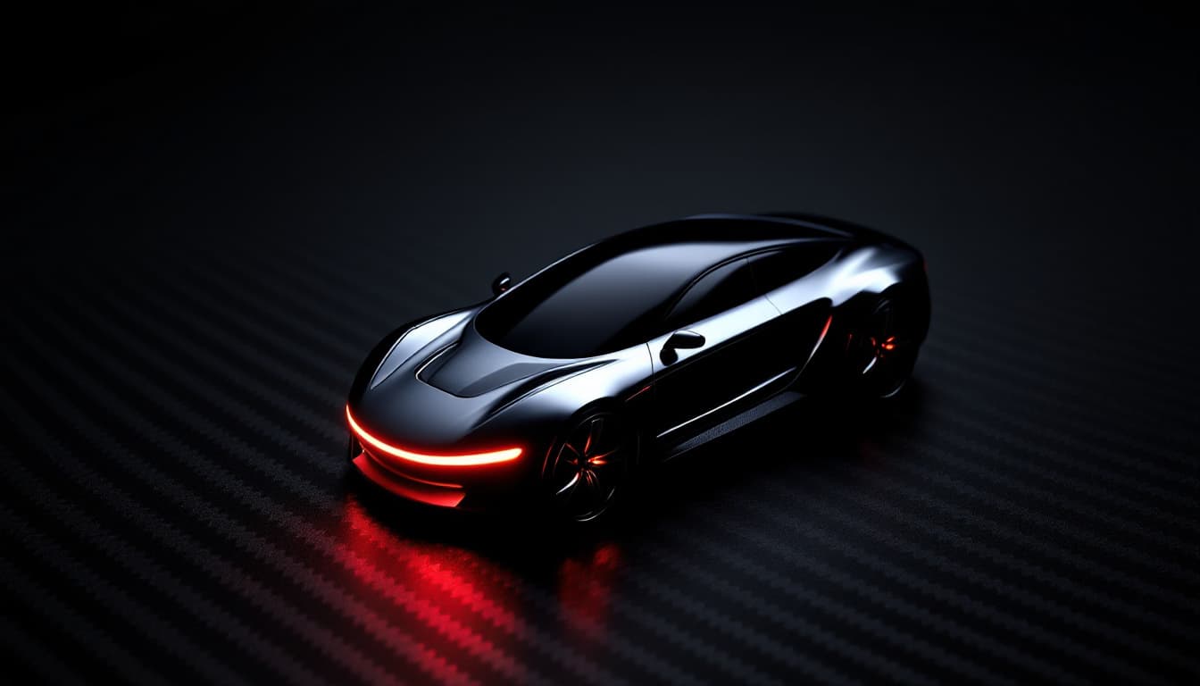 sleek electric sports sedan key fob shaped like the car body resting on a carbon fiber surface in Southlake TX