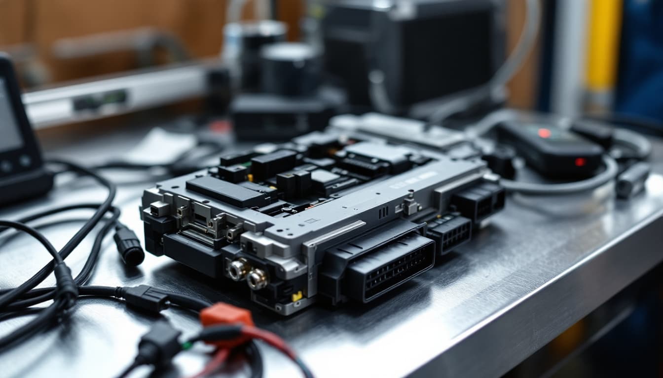 electronic control module removed from a luxury SUV on a workbench with wiring connectors and a scan tool in Southlake TX
