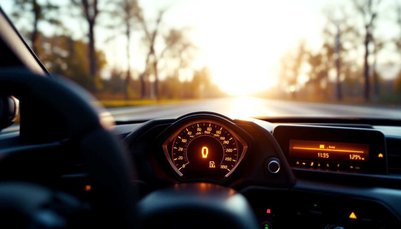 car dashboard with security warning light illuminated on a summer morning in Texas