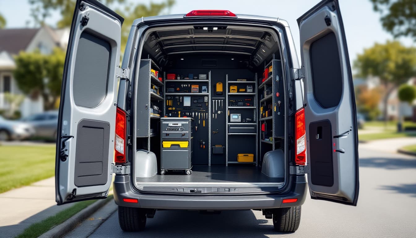 A mobile automotive locksmith van with rear doors open showing organized key blanks and programming equipment on a suburban street