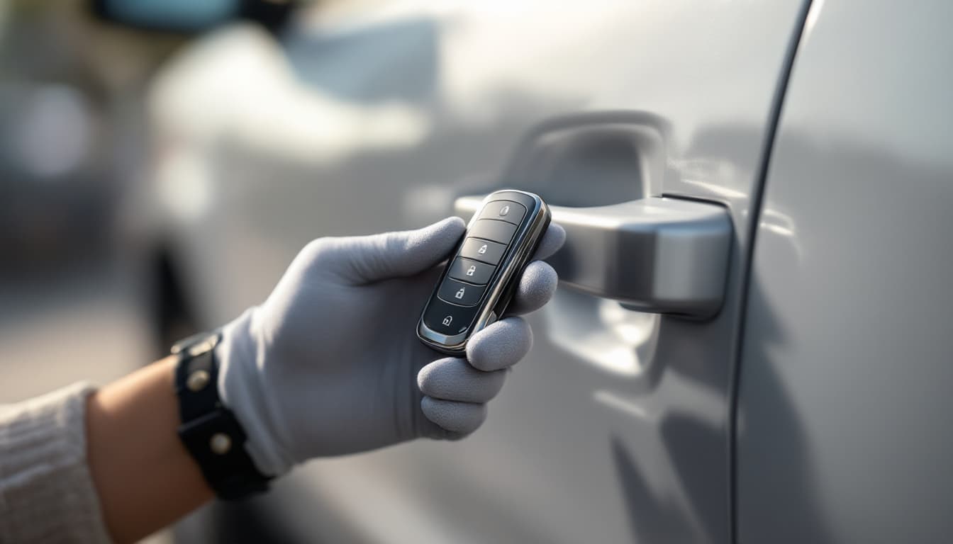 gloved hand holding a smart proximity key fob in front of a midsize pickup truck door handle in Southlake TX
