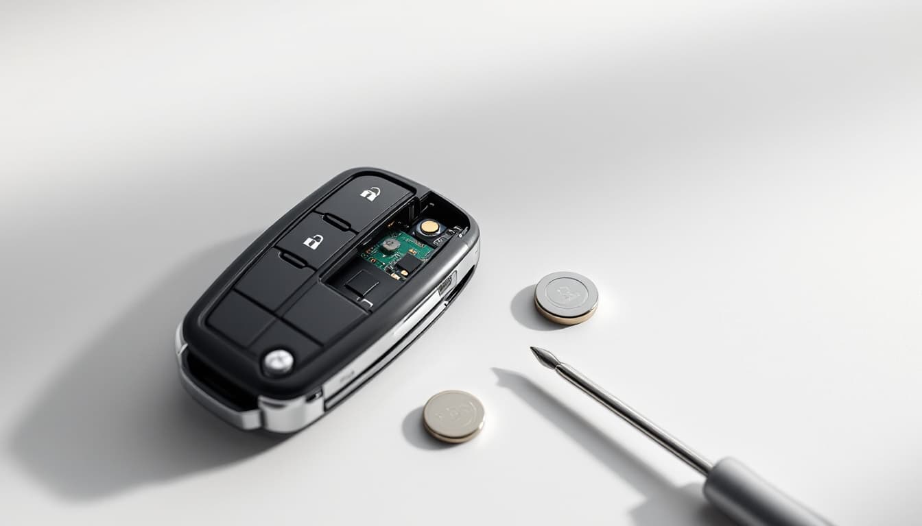 Scandinavian style SUV key fob opened on a clean workbench beside a fresh coin cell battery in Southlake TX