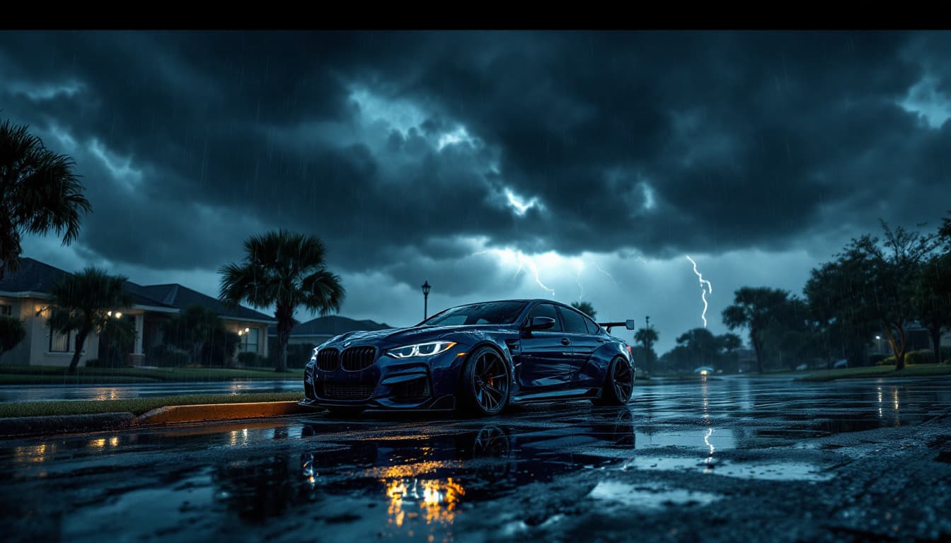 rain-soaked street with a parked car during a heavy Texas thunderstorm