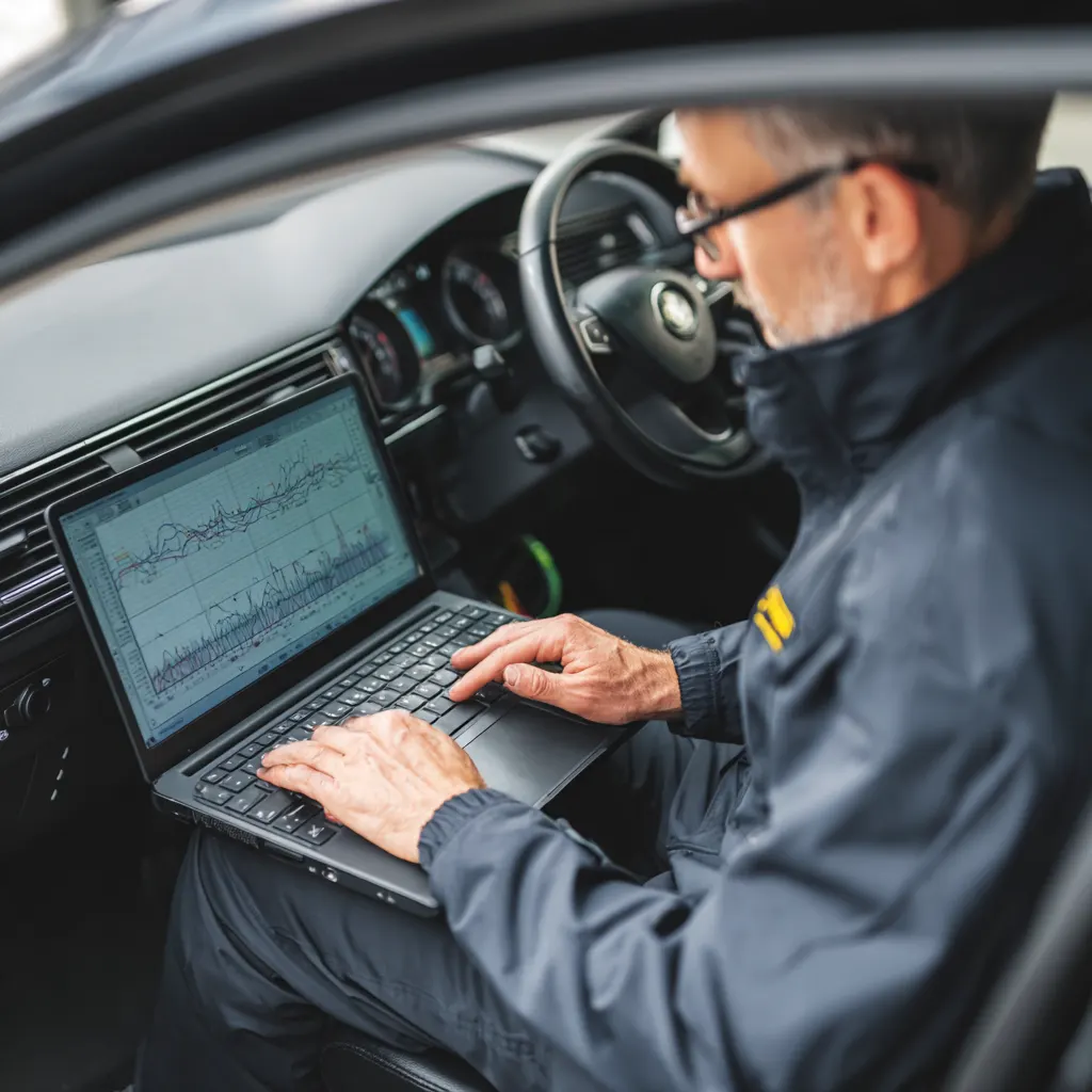 Automotive locksmith analyzing car key and immobilizer data on laptop for lost key replacement in Southlake TX