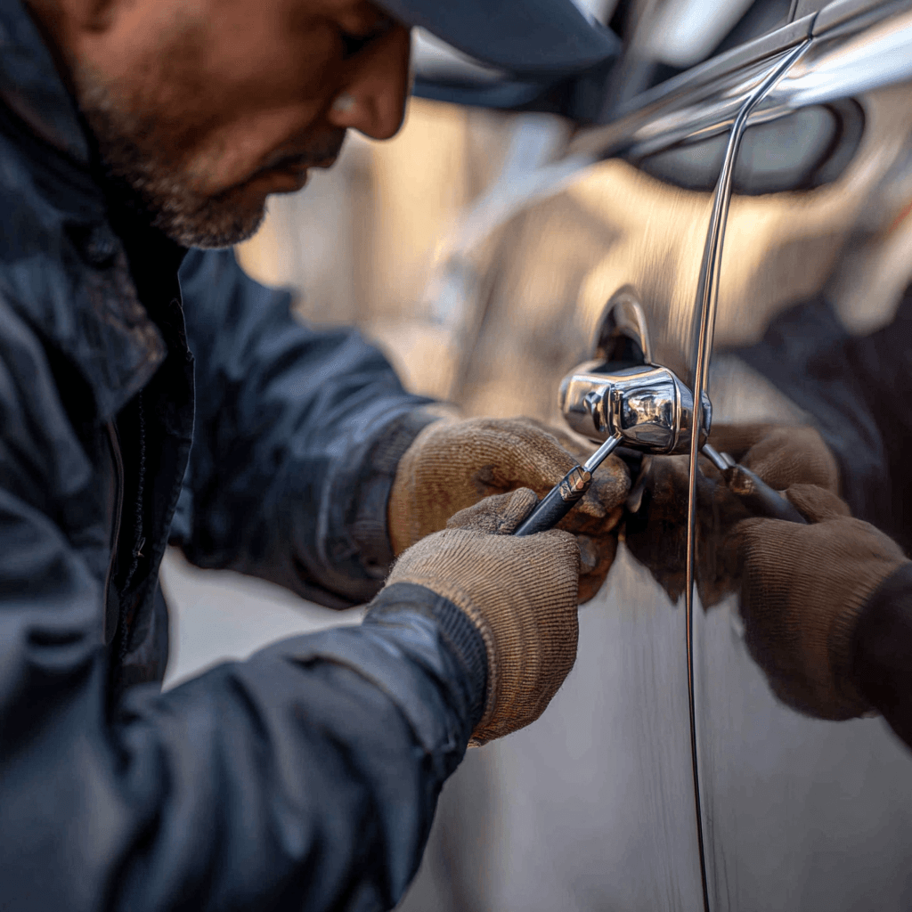Emergency car lockout service in Southlake TX — professional locksmith unlocking car door with specialized tools