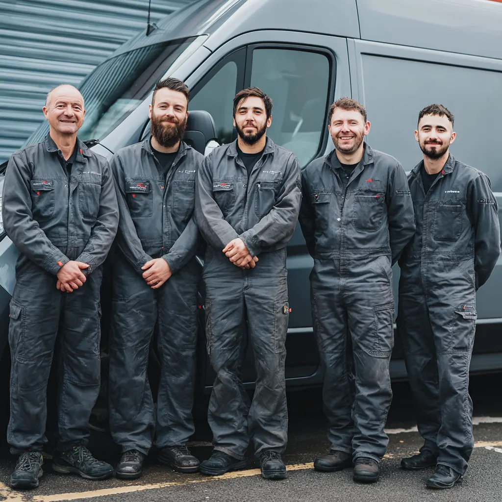 Professional locksmith team in uniform standing next to mobile service van in Southlake TX
