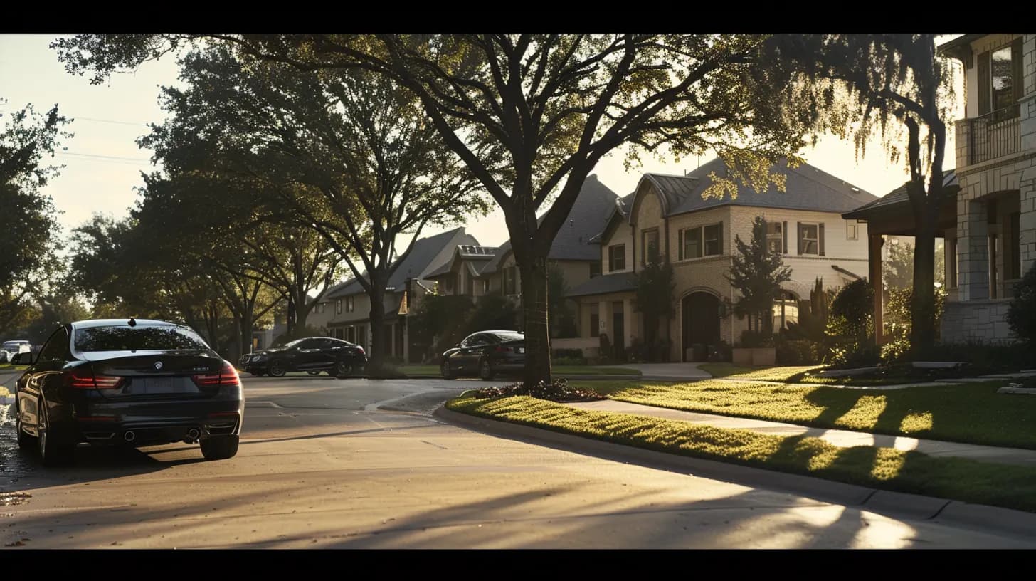 Luxury cars BMW Mercedes Audi parked in upscale Southlake TX neighborhood — automotive locksmith service area