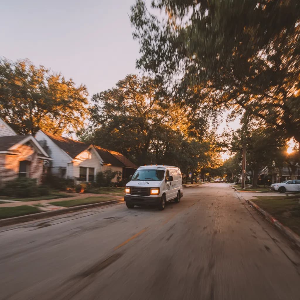 Mobile locksmith service van driving through Southlake TX neighborhood for emergency automotive locksmith service